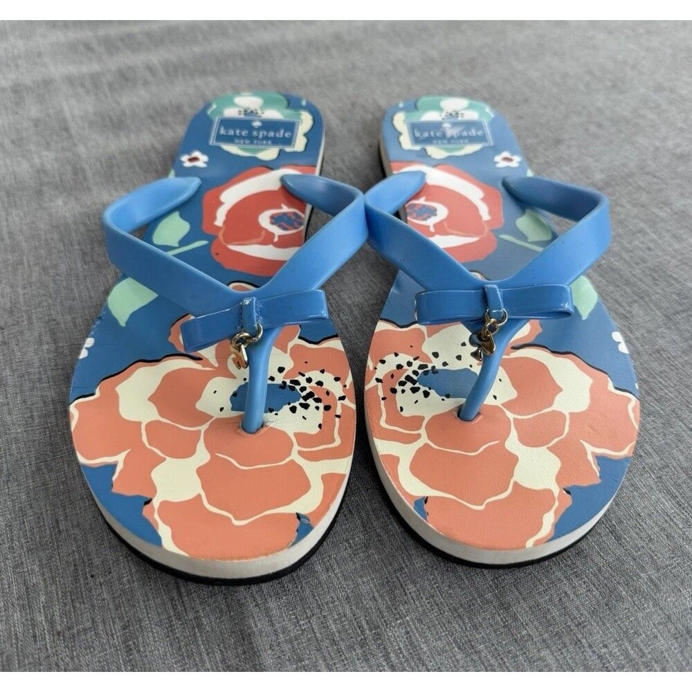 Kate Spade Women's Size L 9-10 Blue Orange Floral Flip Flops Sandals